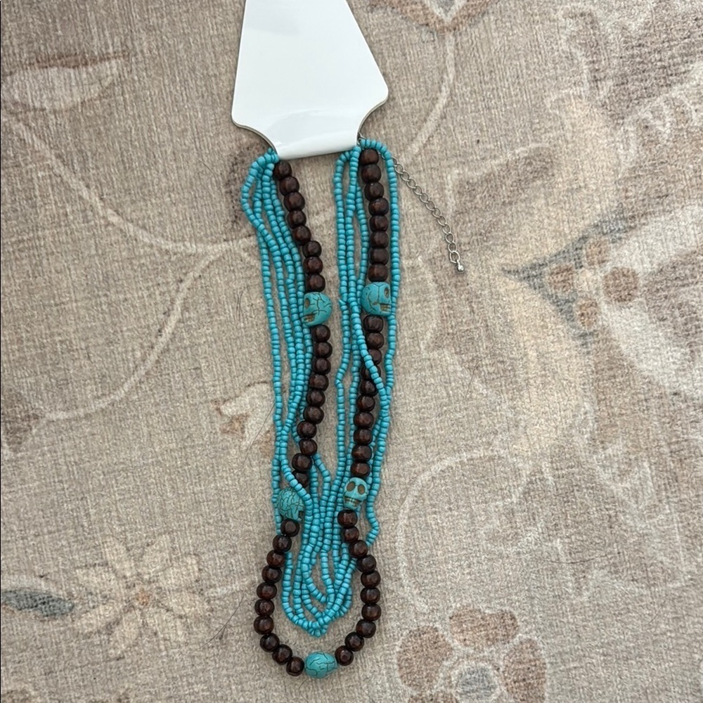 NWT Turquoise and Brown Beaded Necklace with skull beads